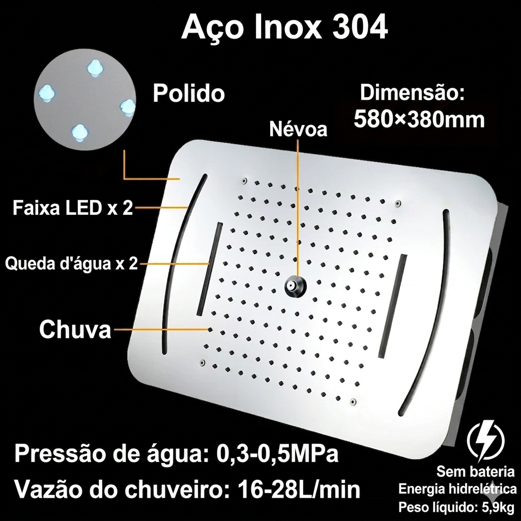 Ducha de Teto embutir Spa Inox com Led