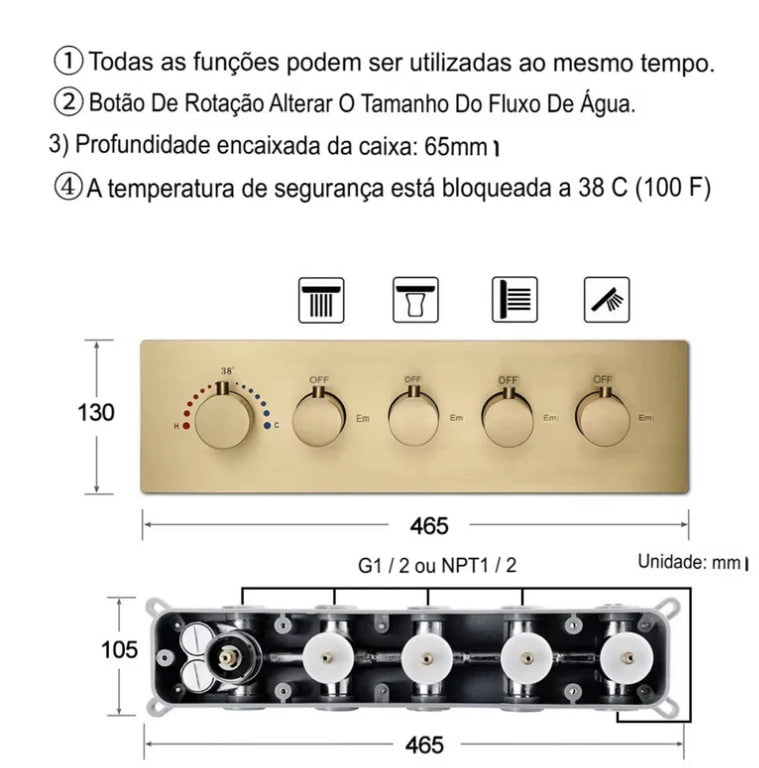 Ducha de Teto Embutir SPA com Conectividade Bluetooth 58x38