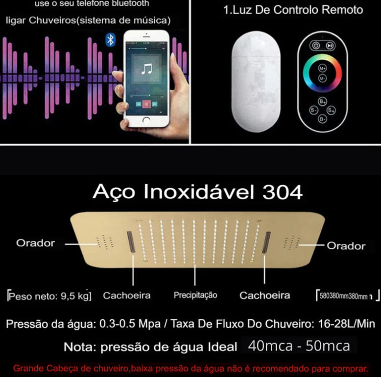 Ducha de Teto Embutir SPA com Conectividade Bluetooth 58x38