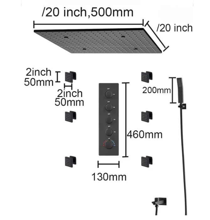 Ducha de Teto Embutir SPA Preto Fosco com Conectividade Bluetooth