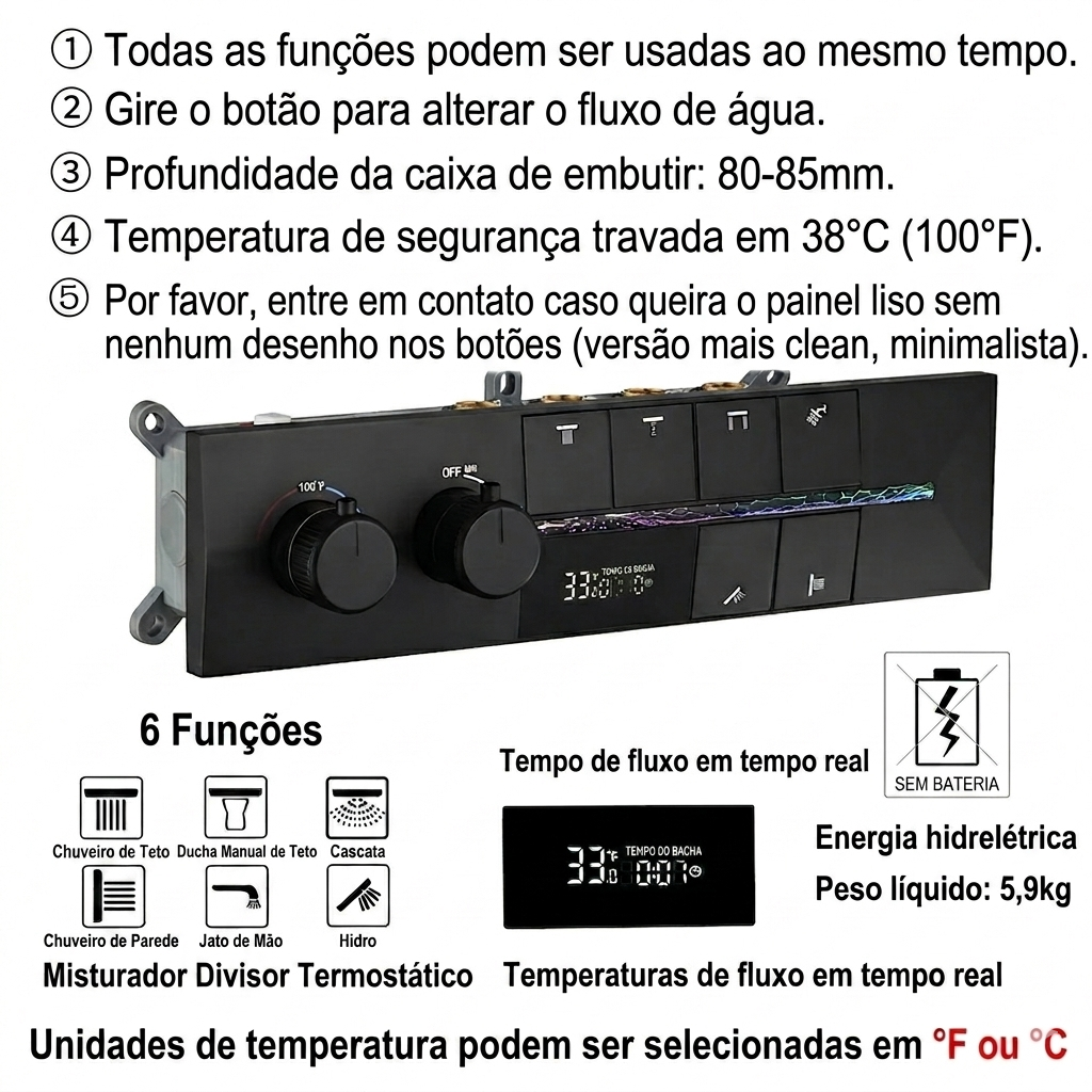 Ducha de Teto embutir Spa Ouro Escovado com Led