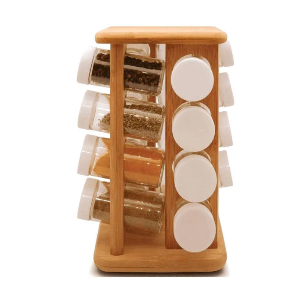 PORTA TEMPEROS COM SUPORTE GIRATÓRIO DE BAMBU 16 POTES